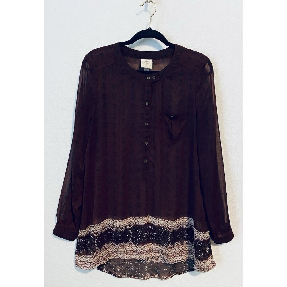 Knox Rose Top Womens 1X Maroon Boho Print Sheer Chiffon Long Sleeve Peasant